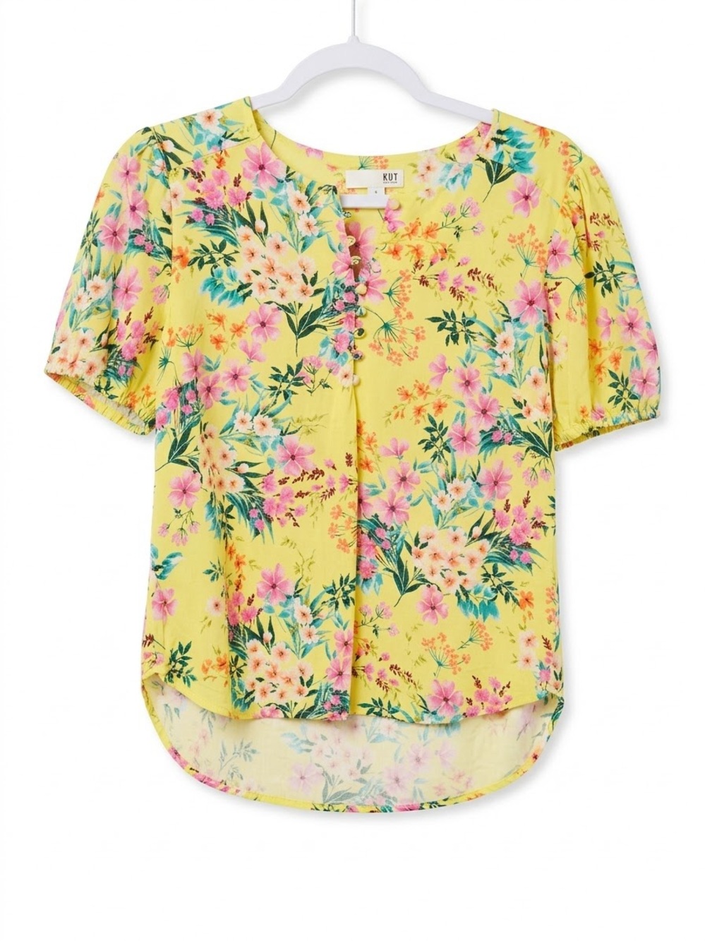 Kut from the Kloth Yellow Green Floral Button-Down Blouse
